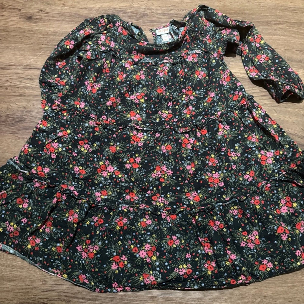 Girls Floral Tiered Dress - Dark Green Base with Pink & Red Flowers